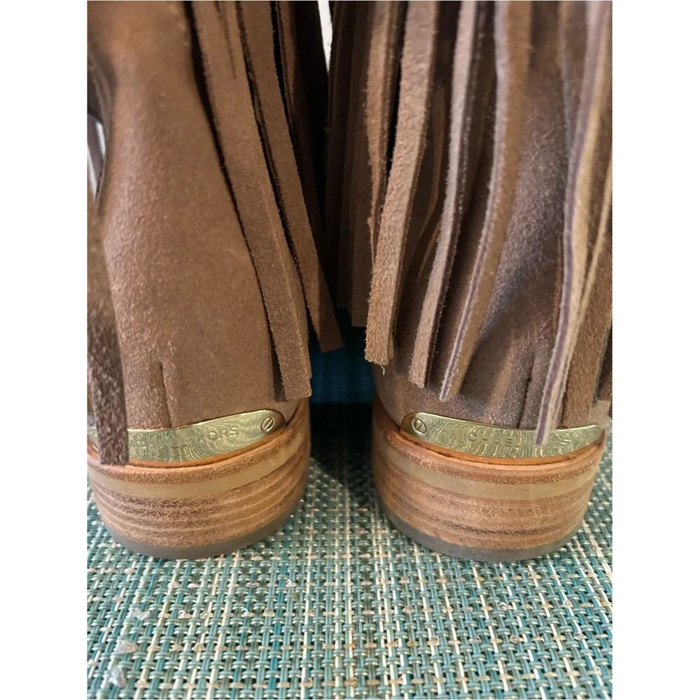 Michael Kors Tan Suede Fringe Ankle Boots with Gold Studs - Size 6